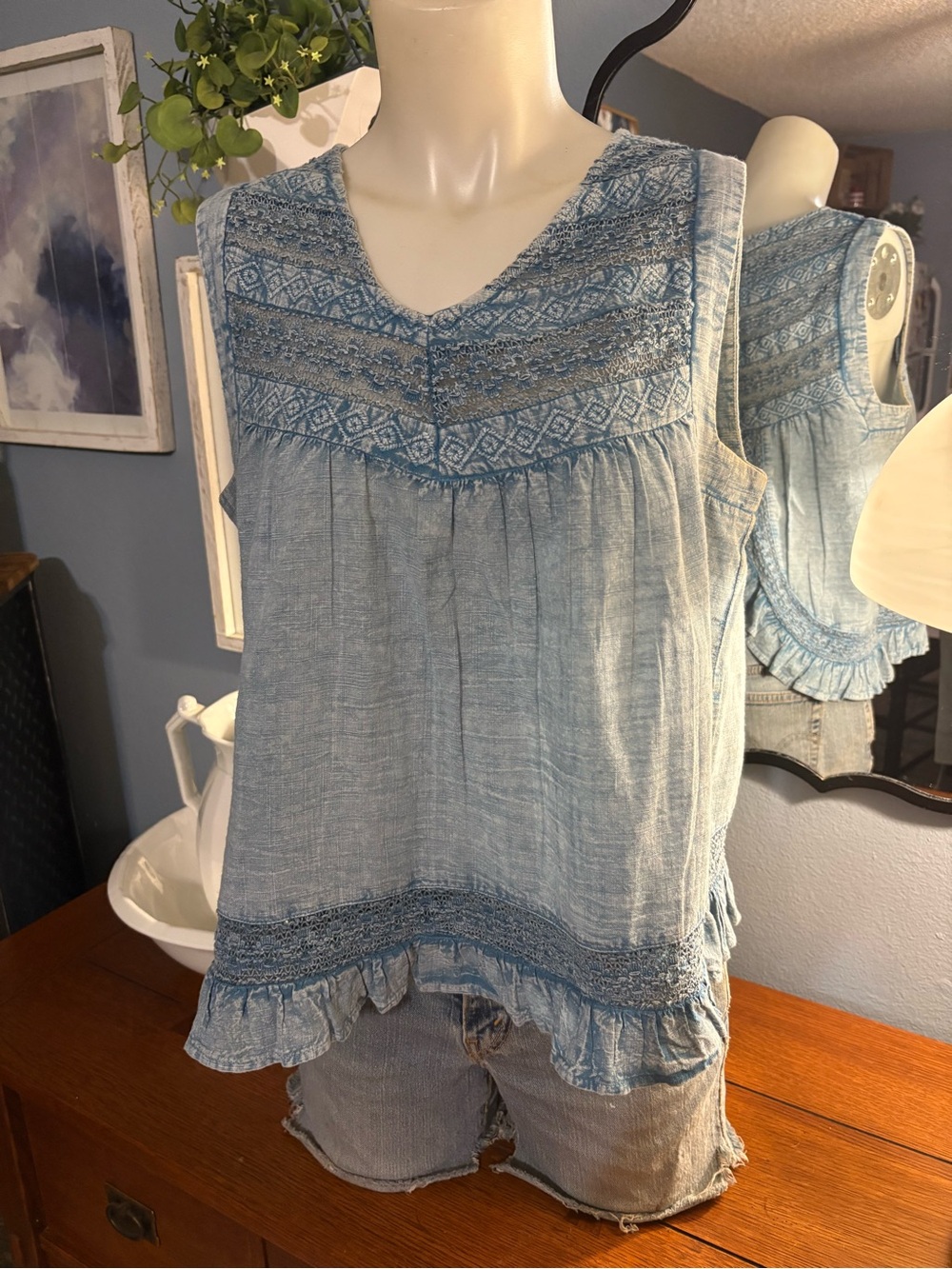 POL Light Blue Embroidered Sleeveless Peasant Camisole